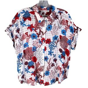 Jane Delancy Textured Floral Blouse L Lightweight Coastal Chic Tropical Beach